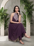 Varanga Women Purple Embroidered Sleeveless Flared Kurta Paired With Tonal Bottom