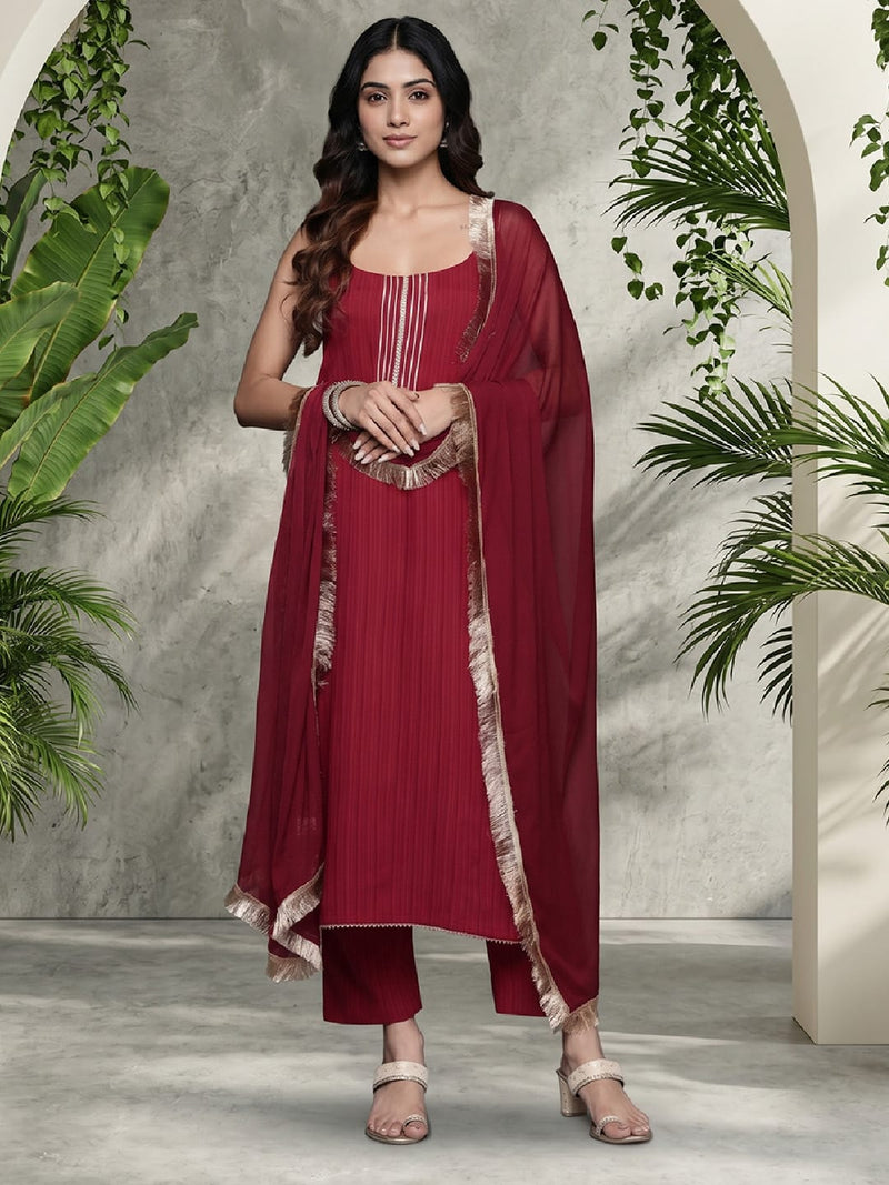 Varanga Women Maroon Round Neck, Spaghetti Strap Style Straight Kurta Paired With Tonal Bottom And Dupatta
