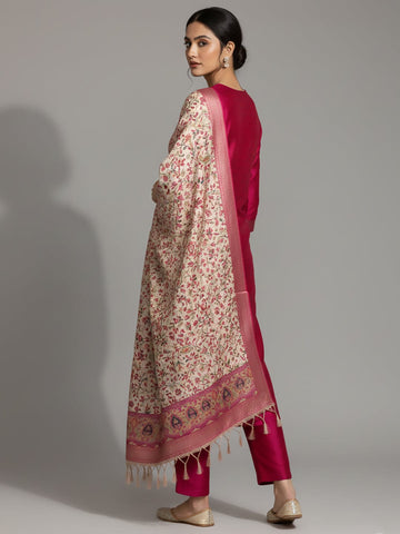 Varanga Women Pink Woven Zari Embroidered Straight Kurta With Bottom And Dupatta
