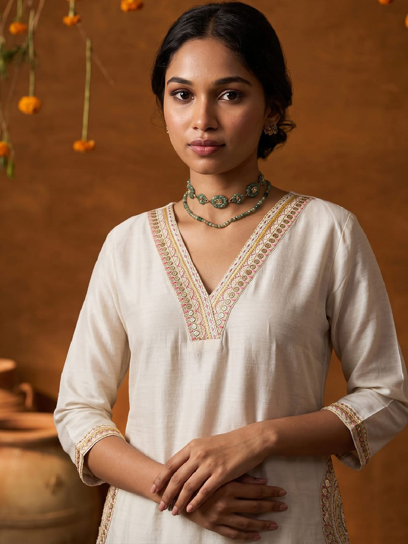 Women's Beige Kurta Set Embroidered V-Neckline And Side-Pocket