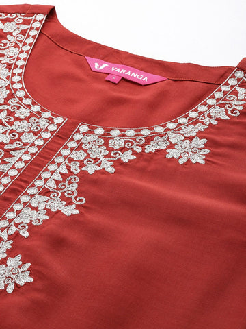 Varanga Women Rust Zari Kurta With Solid Trouser And Dupatta Set