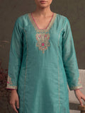 Teal Blue Silk-Blend Embroidered A-Line Kurta With Trousers