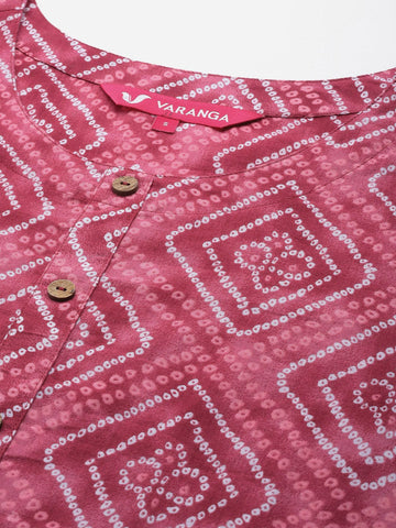 Varanga Women Pink Bandhani Printed Straight Kurta With Three Quarter Sleeves