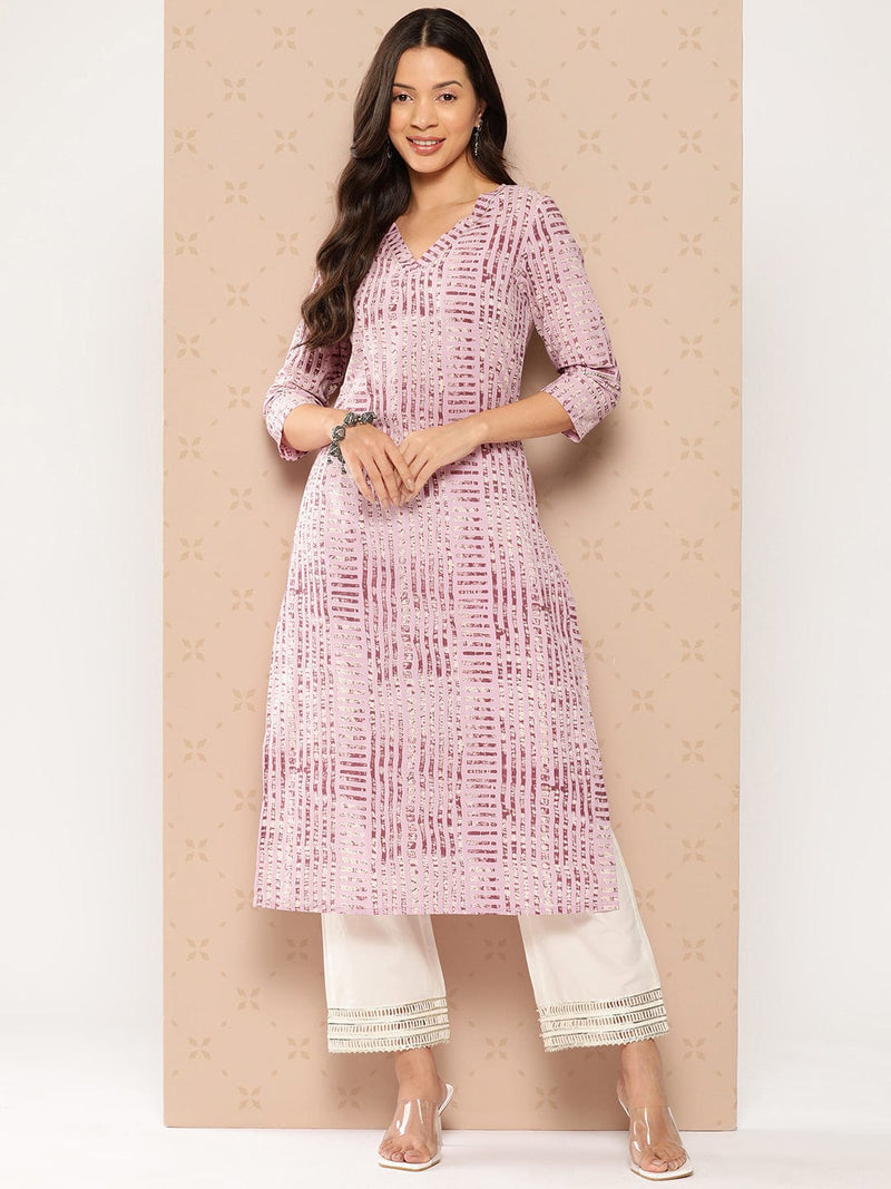 Varanga Women Lavender Stripe Printed V-Neck Straight Kurta With Three Quarter Sleeves