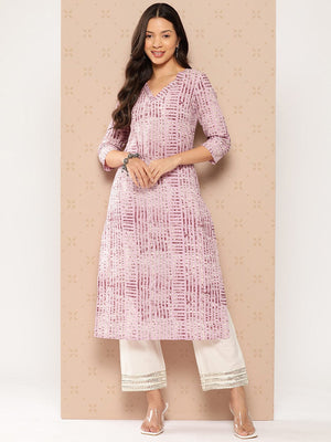 Varanga Women Lavender Stripe Printed V-Neck Straight Kurta With Three Quarter Sleeves