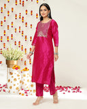 varanga pink ethnic embroidered regular kurta trousers with dupatta