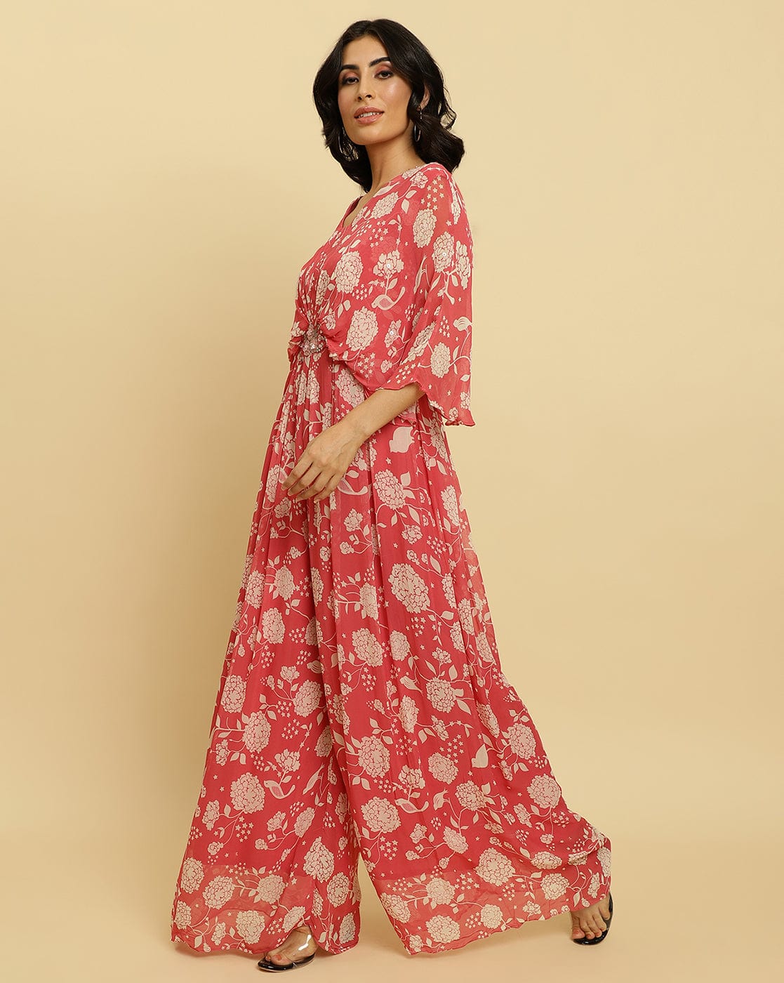 Varanga Floral Printed V-Neck With Beads Designs Women Pink Floral Printed Jumpsuit