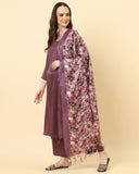 varanga dark mauve floral printed dupatta with tasselled border