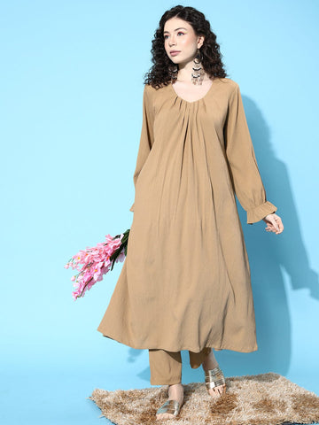 varanga beige solid empire v neck kurta with trousers