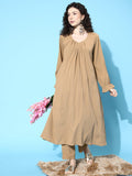 varanga beige solid empire v neck kurta with trousers