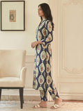 Navy Blue A-Line Kurta Set Featuring A Split Mandarin Collar