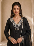 Black Mirror-Work Kurta Set With Trouser And Dupatta