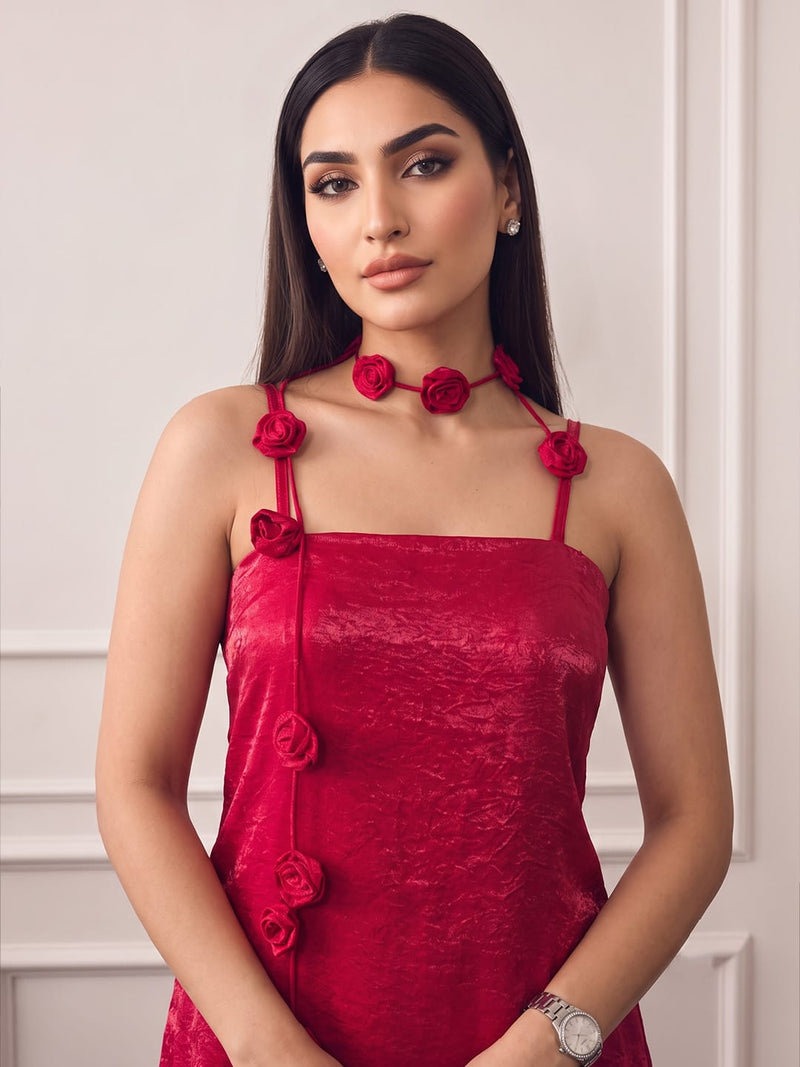 Fuchsia Square-Neck Top With Statement 3D Rose Paired With Farsi Salwar