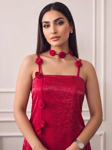 Fuchsia Square-Neck Top With Statement 3D Rose Paired With Farsi Salwar