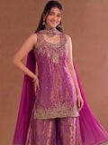 Embroidered Shimmer Short Kurta With Palazzo And Dupatta
