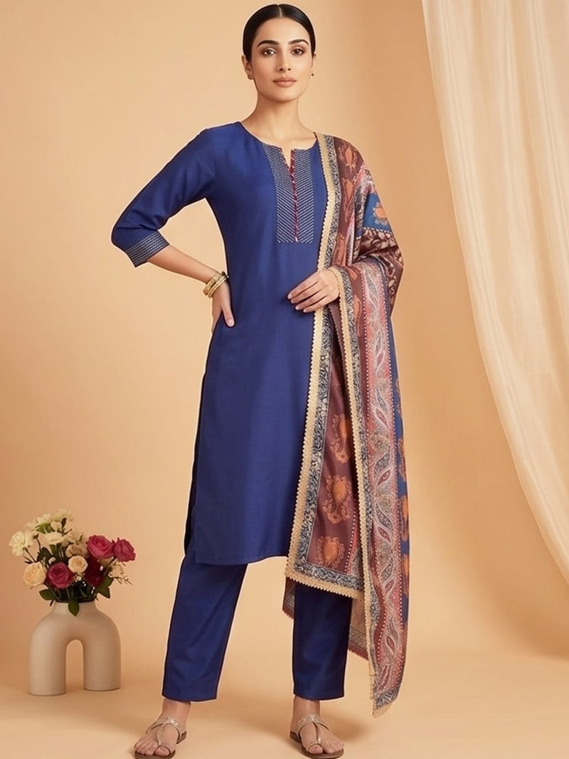Varanga Women V Neck Straight Kurta With Pants & Dupatta