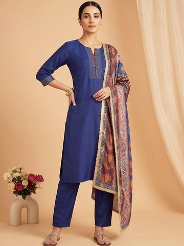 Varanga Women V Neck Straight Kurta With Pants & Dupatta