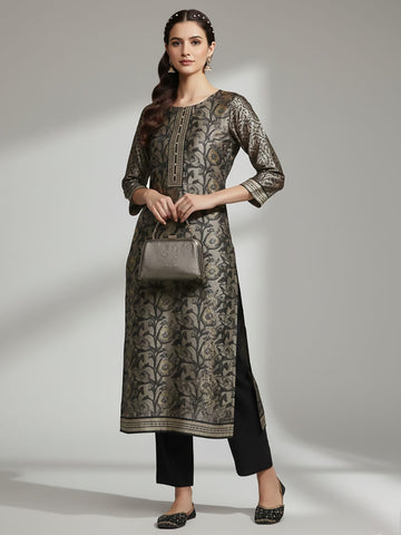 Varanga Women Grey Floral Printed Round Neck Straight Kurta Paired With Bottom And Printed Dupatta.