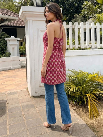 Women's Magenta Floral Halter-Neck Lace-Up Top