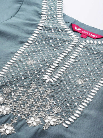 Varanga Women Blue & Silver Sequinned Yoke Design Kurta With Trousers & Dupatta