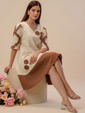 Off-White Color-Block A-Line Dress Featuring Handcrafted Floral Appliqué Work