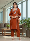 Zari Embroidered Rust Flared Sleeve Kurta with Trouser