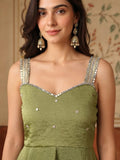 Olive Green Embellished Sharara Set With A Mirror Work Strappy Top & Dupatta.