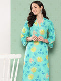 KSUT Women Turqouise Blue Floral Printed Straight Kurta With Bell Sleeves