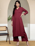 Varanga Women Maroon V Neck, Three Quater Sleeves With Tonal Cotton Lace Straight Kurta Paired With Tonal Bottom