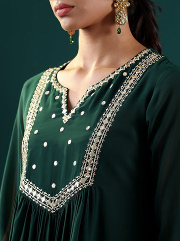 Varanga Women Green Mirror Embroidered Yoke A-Line  Kurta Paired With Bottom And Dupatta