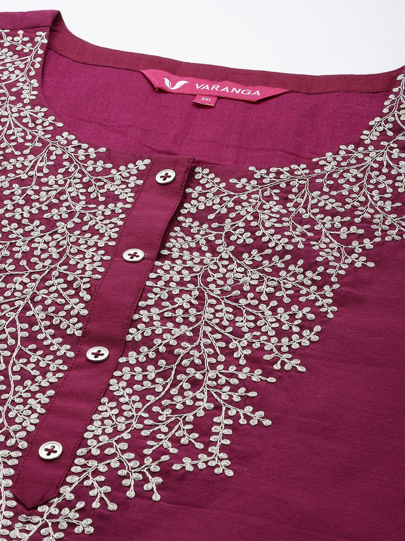 Varanga Women Plus Size Magenta Yoke Design Sequinned Chanderi Silk Kurta with Trousers & Dupatta