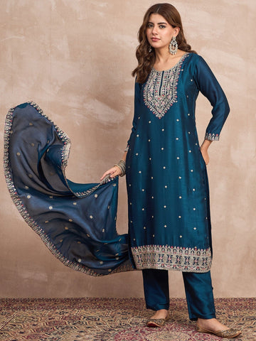 Kurta With Intricate Zari-Embroidered Yoke Is Paired With Ankle-Length Solid Trousers And A Matching Zari-Accented Dupatta