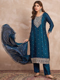 Kurta With Intricate Zari-Embroidered Yoke Is Paired With Ankle-Length Solid Trousers And A Matching Zari-Accented Dupatta