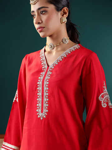 Varanga Women Red Zari Embroidered Kurta With Bottom And Dupatta