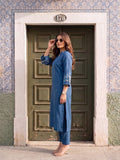Womens Embroidered Blue Notch-Neck Kurta & Straight Pant Set