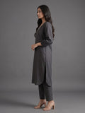 Women Straight Kurta With Embroidery On Neck Paired With Solid Trousers