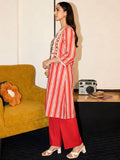 Cotton Striped Printed A-Line Kurta With Solid Trouser