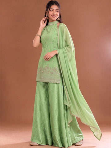 Varanga Women Ethnic Motifs Embroidered Regular Sequinned Kurta with Sharara & With Dupatta