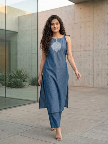 Utility-Chic Belted Denim Kurta Set
