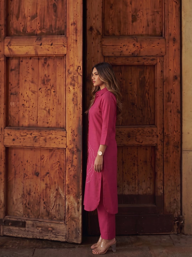 Womens Magenta asymmetrical -Embroidered kurta set