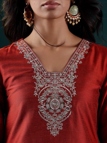 Varanga Women Rust Thread And Sequins Embroidred Kurta With Bottom And Dupatta