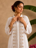 Ivory White Embroidered Kurta With Mandarin Collar And Geometric Thread Work