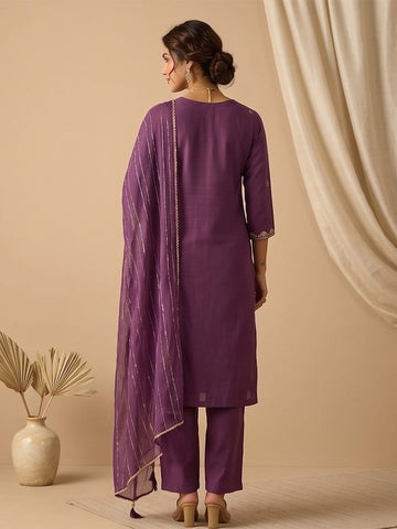 Kurta With Zari Embroidery, Teamed With Trousers And Paired With Dupatta Featuring  Lace Detailing