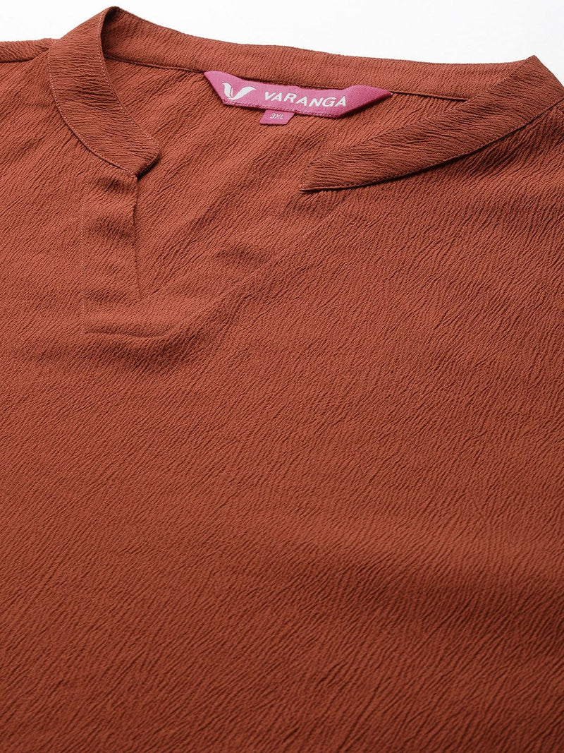 Varanga Women Plus Size Rust Long Sleeves With Smart Cut Cuff, Straight Kurta Paired With Tonal Solid Bottom