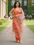 Sleeveless Orange Kurta with Floral Dupatta and  Pants