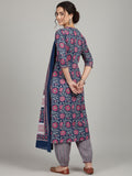 Varanga Women Ethnic Floral Printed V Neck Kurta With Stripper Trouser & Dupatta