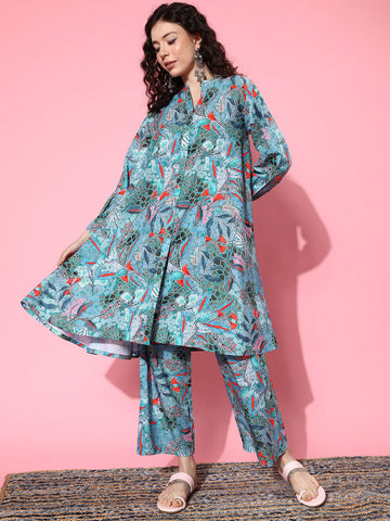 KSUT Women Sea Green Abstract Printed Regular A-Line Kurta with Trousers
