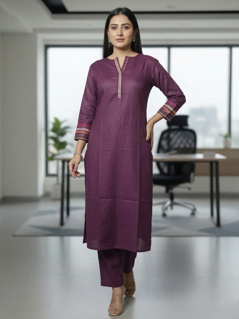 Varanga Women Mandarin Collar Thread Embroidered With Pleate Deatialing Kurta Paired With Bottom