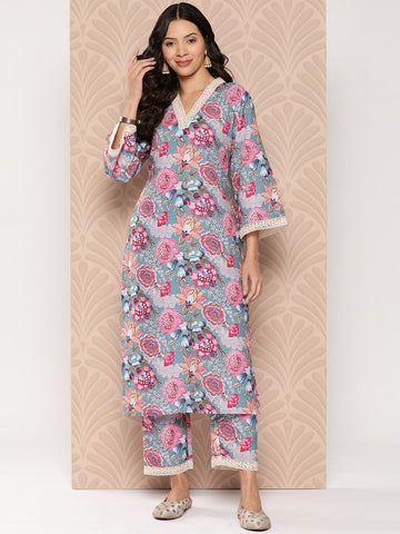 KSUT Women Blue Floral Printed V-Neck Straight Kurta Paired With Printed Bottom
