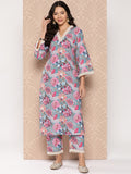KSUT Women Blue Floral Printed V-Neck Straight Kurta Paired With Printed Bottom
